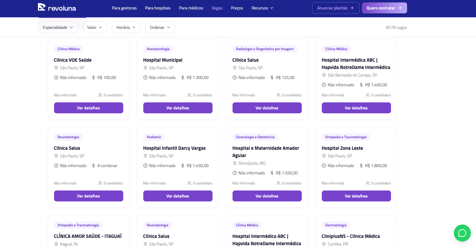 Página pública de vagas médicas Revoluna